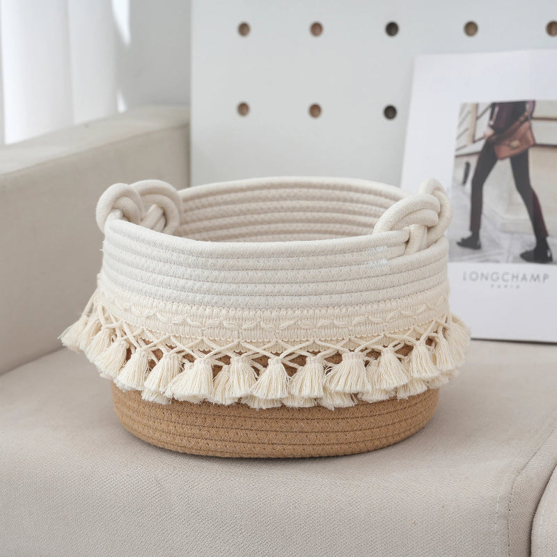 Elegant Cotton Rope Storage Basket with Tassels_Volaia