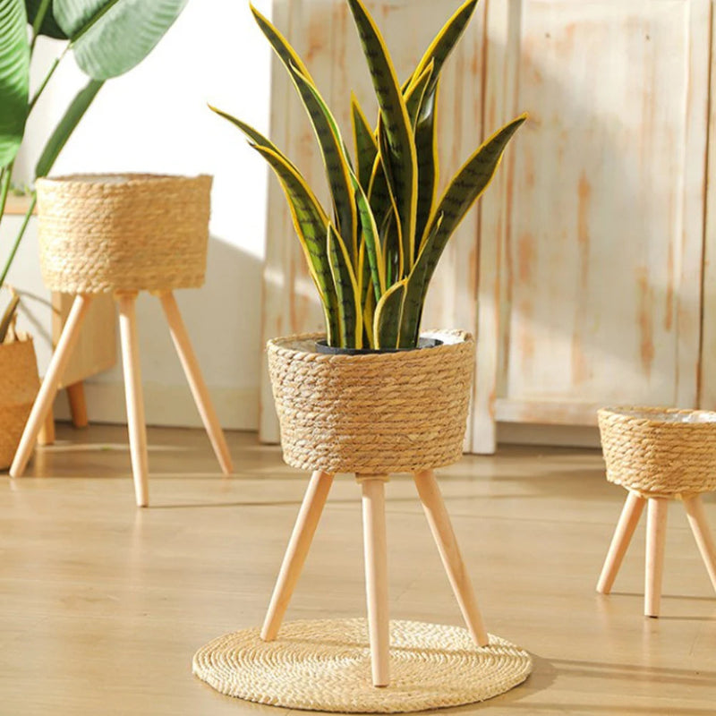 Elegant Wood Woven Plant Pot with Standing Legs_Volaia