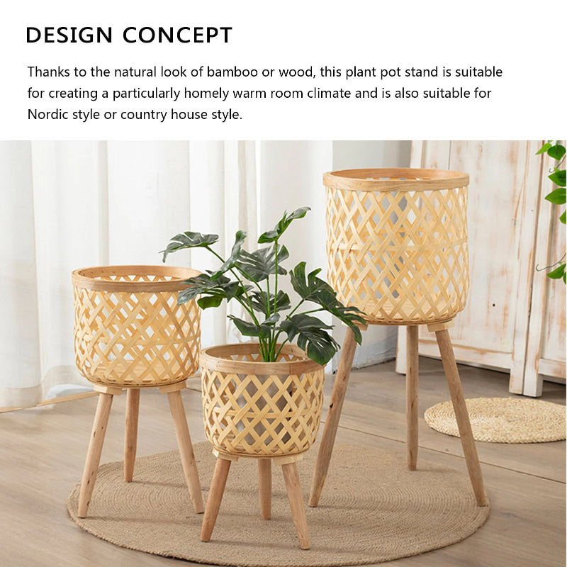 Elegant Bamboo Plant Stand with Wooden Legs_Volaia