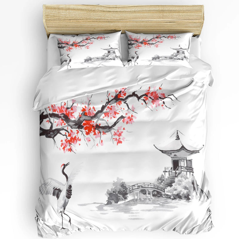 Elegant Crane & Plum Blossom 3-Piece Bedding Set_Volaia