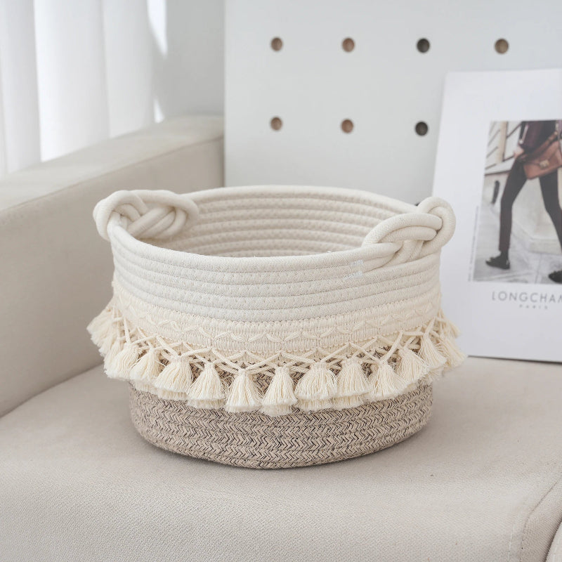 Elegant Cotton Rope Storage Basket with Tassels_Volaia