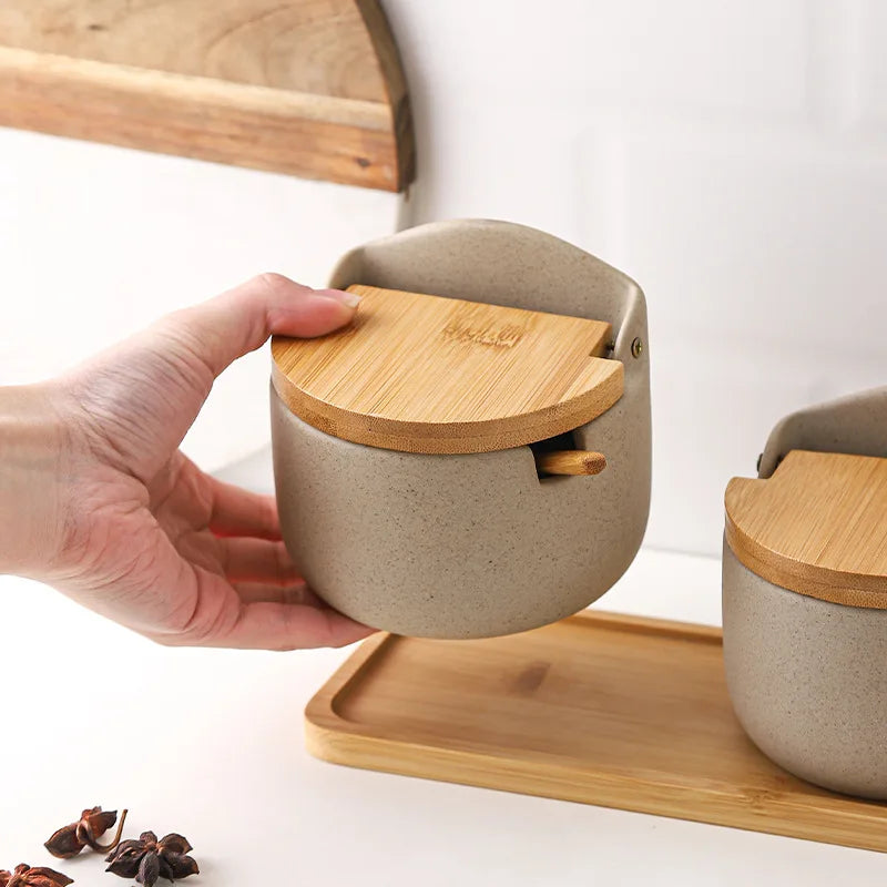 Ceramic Spice Jars with Wooden Lids and Spoons