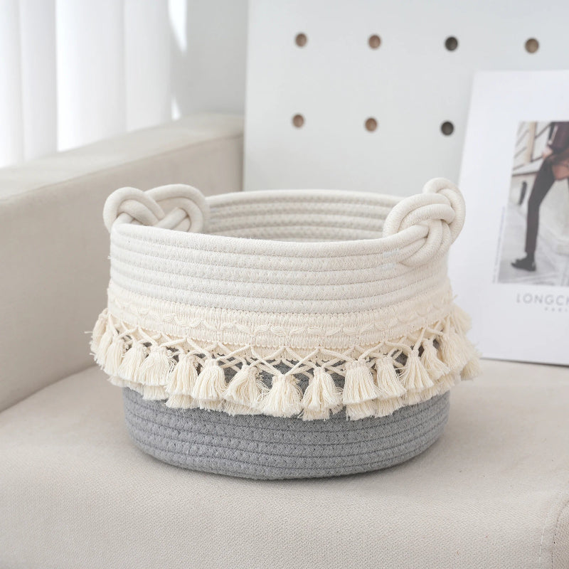 Elegant Cotton Rope Storage Basket with Tassels_Volaia