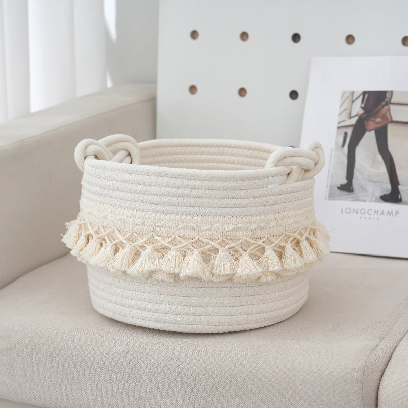 Elegant Cotton Rope Storage Basket with Tassels_Volaia