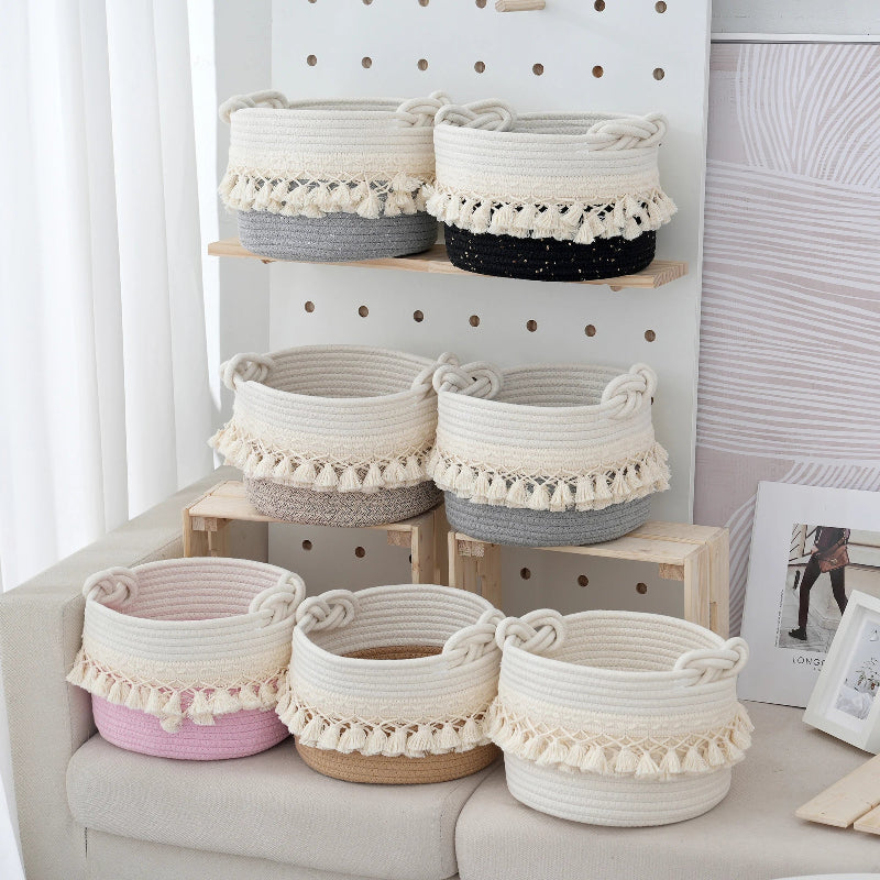 Elegant Cotton Rope Storage Basket with Tassels_Volaia