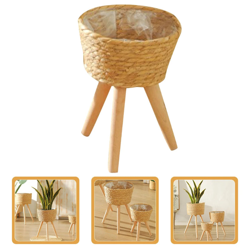 Elegant Wood Woven Plant Pot with Standing Legs_Volaia